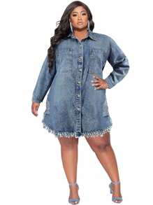 Women's Plus Size Fringe Ripped Denim Jacket Dress Blue - 藍色 - 查看 1