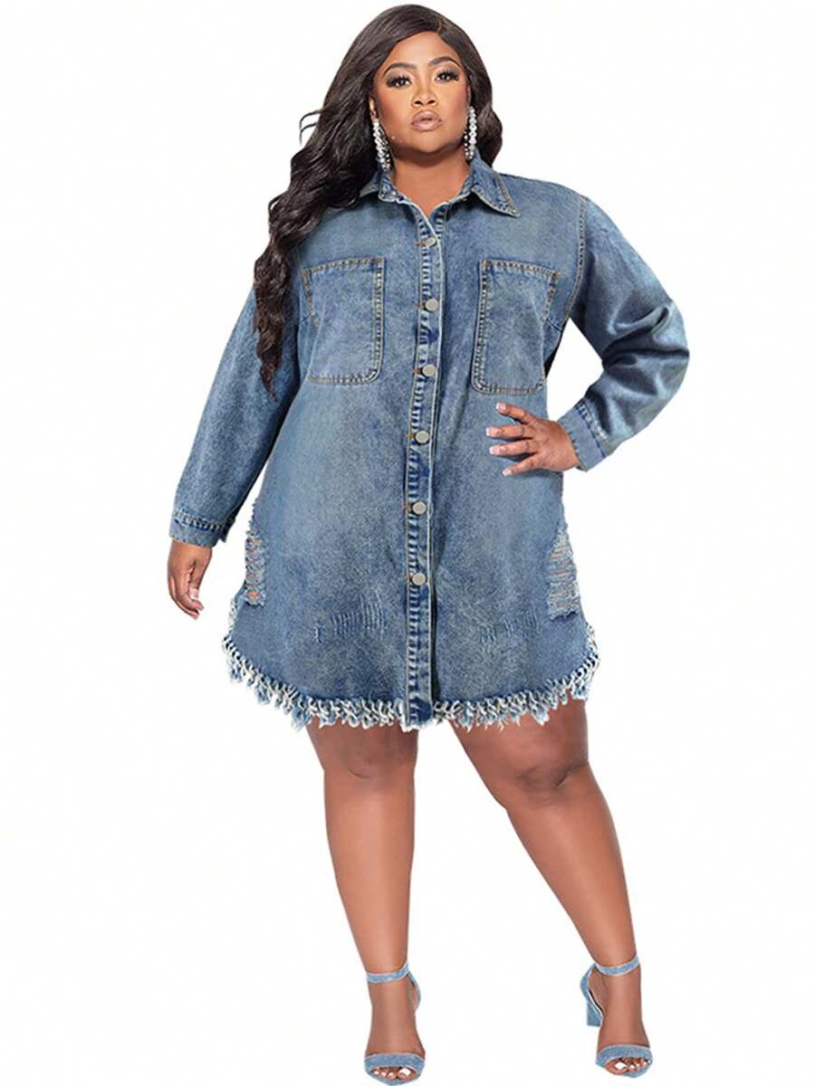 Women's Plus Size Fringe Ripped Denim Jacket Dress Blue - 藍色 - 查看 1