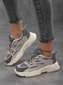 Sporty Front Chunky Sneakers For Women,Colorblock Leather Lace-Up Shoes Women Boots Women Lightweight Breathable Sneakers Women Shoes Outdoor Sports Shoes For Women Running Shoes Comfortable Casual Shoes For Women