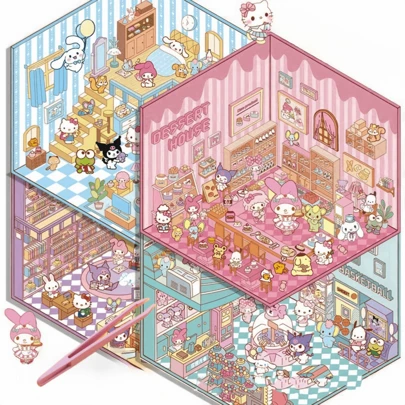  11 st/7 st/4 st per set (med pincett), Sanrio söta tecknade miniatyrscenklistermärken DIY intressant 3D-diorama dekorativt scrapbooking-pyssel, handritade klistermärken ingen klippning krävs, skolmaterial, tillbaka till skolan
