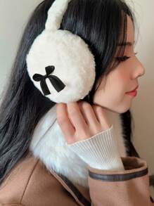 1pc Y2K Cute Pink Bow Decoration Plush Foldable Earmuffs, Women's Winter Windproof Earmuffs For Cycling And Outdoor Activities Valentines