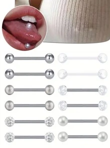 12pcs Stainless Steel Cute Round Ball Tongue Rings/Nipple Rings Piercing Body Jewelry Set - 12-piece Set - View 1