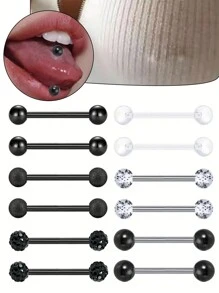 12pcs Stainless Steel Cute Round Ball Tongue Rings/Nipple Rings Piercing Body Jewelry Set - 12-piece Set - View 8
