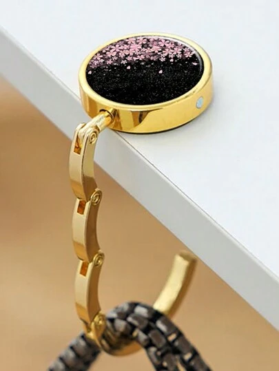 1 pieza Soporte plegable para bolsos, gancho metálico vintage con diseño floral, estantería redonda colgante de acero inoxidable para bolsos y bolsos, gancho colgante portátil para escritorio