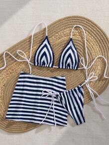 全新柔软条纹印花细肩带系带性感派对比基尼套装带裹身裙，优雅女士海滩时尚夏季泳装