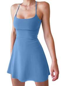 Women 2-Piece Outfit, Sleeveless Mini Tennis Dress With Shorts Athletic Golf  Summer Outfit - Blue - View 9