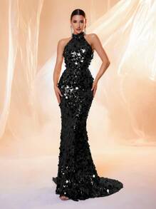 Black Sleeveless Halter Backless Sequin Floor-Length Evening Dress, Party Dress, Wedding Guest Dress, Formal Dress,Gown - Black - View 2