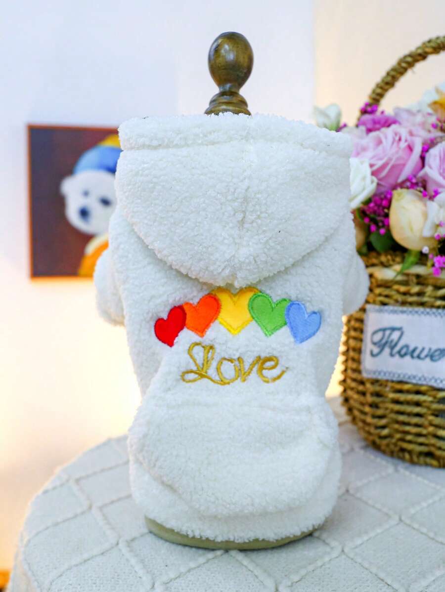 1件寵物衣服 狗貓服飾 秋冬保暖加厚羊羔絨 彩虹愛心羊羔絨外套 - 白色 - 查看 1