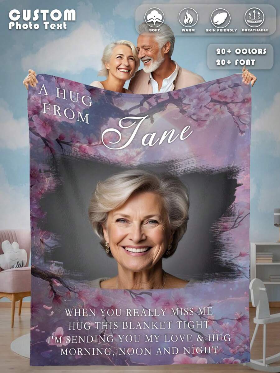 1pc Custom Flannel Photo Blanket For Bed, Personalized Memorial Photo Blanket - Personalized Gift Memorial Gifts For The Loss Of A Loved One, Sympathy Gift For The Loss Of Dad Mom Grandma Grandpa Husband - Bereavement Gift, Custom Memorial Blanket, Multipurpose Living Room Sofa Outdoor Beach Camping - Style 1 - View 1