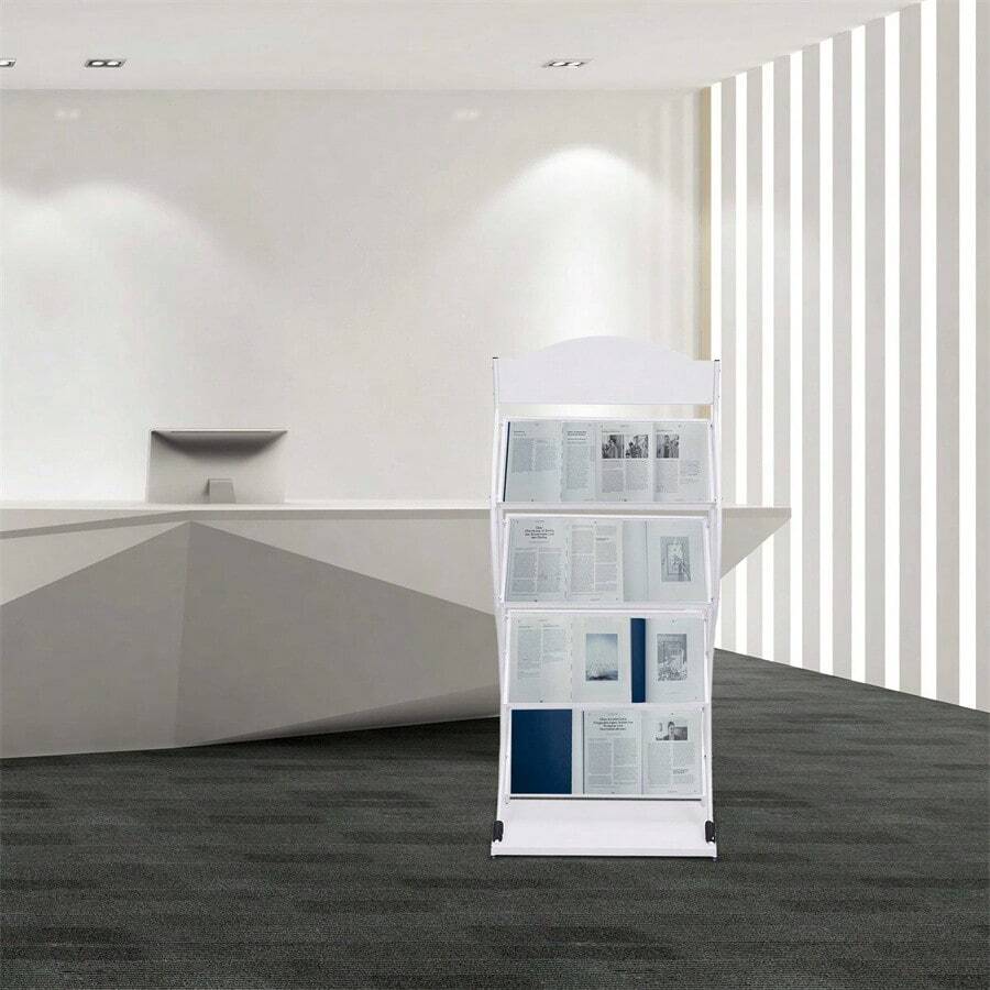 Quiltern Four-Tier Floor Standing Newspaper And Magazine Display Stand With Advertising Sign - Arc 65cm Four-Tier, Model 209 In Black/White. - White - View 1