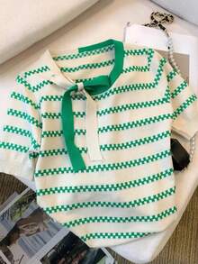 Rikumo New Summer Bowknot Color Block Striped Loose Knit Short Sleeve Top, Unique Design Casual - Green - View 4