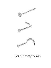 3Pcs 20G 316L Stainless Steel Zirconia Nose Piercing Stud For Women Men, L Shape Nose Ring Nose Screw Nose Piercing Jewelry