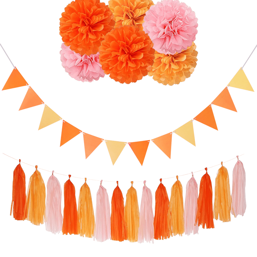 Roze oranje groovy feestdecoraties, pompons, slingers, tissue kwastjes, slingerbanner, pomponslinger voor verjaardagen, bruidsdouches, verlovingen, bruiloften, verjaardagsdecoraties voor vrouwen, Thanksgiving-decoraties, boho-feestdecoraties, 50e verjaardagsdecoraties, Sweet 16-feestdecoraties, 70s-feestdecoraties, gedroogde sinaasappelkrans