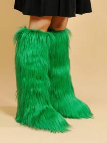 Women's Knee-High Snow Boots, Warm Furry Waterproof Faux Shearling Lined Boots For Winter - Dark Green - View 3