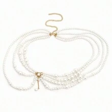 1 pièce Chaîne de taille décorative unique avec franges multicouches en faux perles sur le côté. Accessoire de maillot de bain