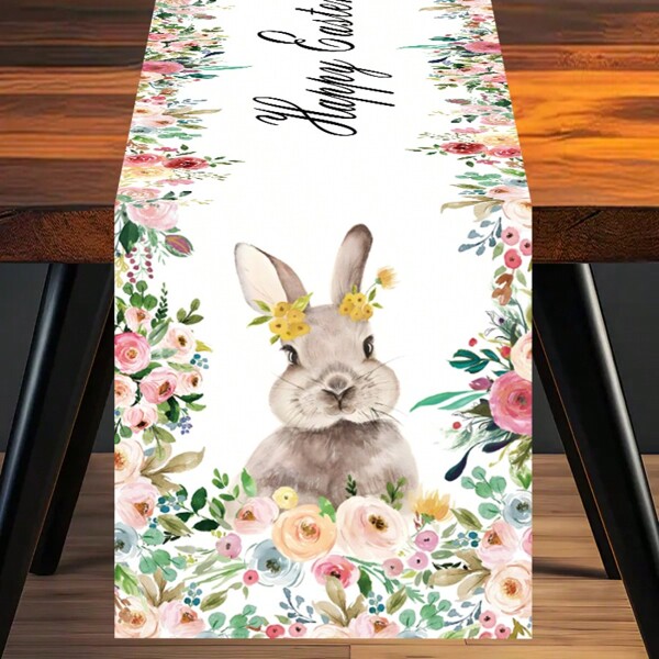 Wiosenny kwiatowy i króliczek wzór na stół flaga, bieżnik wielkanocny, dekoracje festiwalowe, kuchnia wiosenno-letnia, wystrój domu na farmie, obrus atmosferyczny, dekoracja stołu świątecznego, bieżnik na stół do kawy/herbaty/jadalni
