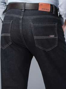 Men Slant Pocket Straight Leg Jeans - Black - View 6