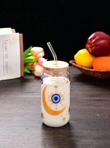 1 pieza Vaso de vidrio con pajita con estampado gráfico de ojo creativo y ojo azul, botella de agua portátil con tapa y pajita de bambú, apropiada para café con hielo, cerveza, jugo, bebidas, leche, regalo de cumpleaños, regalo de Navidad, regalo del Día de la Madre, regalo del Día de San Valentín
