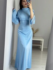 女式立领喇叭袖系带长款阿拉伯风格连衣裙 - 淺藍色 - 查看 1