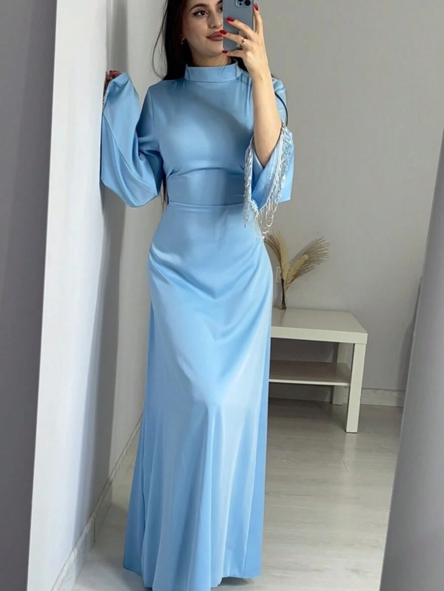 女式立领喇叭袖系带长款阿拉伯风格连衣裙 - 淺藍色 - 查看 1