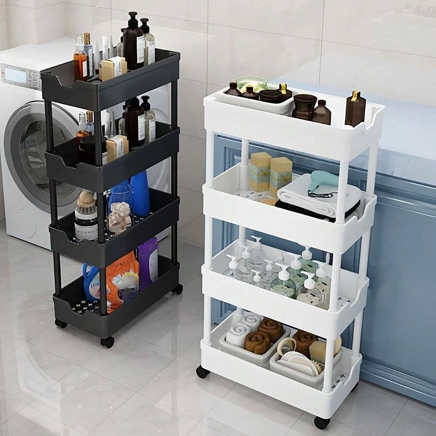 4-Tier Storage Cart, Multifunctional Utility Rolling Cart Organizer For Kitchen, Bathroom, Laundry Room, Living Room, With Lockable Casters, Portable With Handle, Black And White Colors