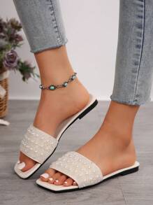 Plus Size Slip-On Sandals, New Spring/Summer Square Toe Flat Sandals, Pair With Dresses To Make Legs Look Longer, Fashionable Sandals, Beautiful Girl Summer Beach Slip-On Non-Slip Slippers - Beige - View 3