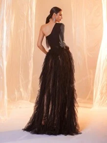 Black One Sleeve Sequin Contrast Mesh Maxi Formal Dress