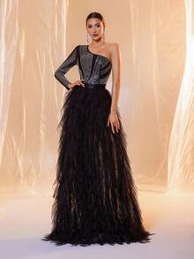 Black One Sleeve Sequin Contrast Mesh Maxi Formal Dress - Black - View 3