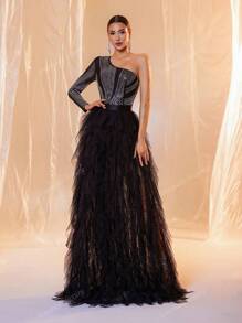 Black One Sleeve Sequin Contrast Mesh Maxi Formal Dress