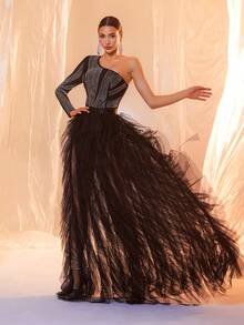 Black One Sleeve Sequin Contrast Mesh Maxi Formal Dress - Black - View 5