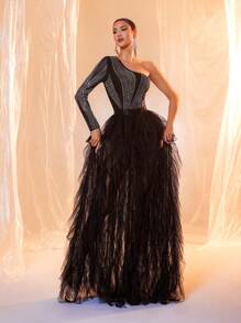 Black One Sleeve Sequin Contrast Mesh Maxi Formal Dress