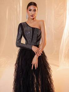 Black One Sleeve Sequin Contrast Mesh Maxi Formal Dress - Black - View 6