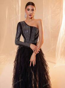 Black One Sleeve Sequin Contrast Mesh Maxi Formal Dress
