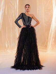 Black One Sleeve Sequin Contrast Mesh Maxi Formal Dress