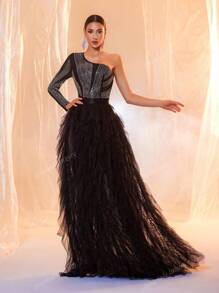 Black One Sleeve Sequin Contrast Mesh Maxi Formal Dress