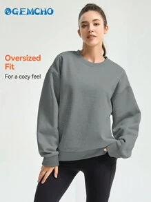 GEMCHO Moletom feminino casual com gola redonda, moletom básico sólido, simples, diário, primavera/verão - Cinza - Ver 8