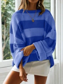 Suéter de punto holgado y suelto con hombro caído y bloques de color a rayas para mujer