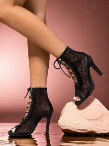 Canvas Red Women's Short Boots Peep-Toe Short Boots Jazz Dance Elastic Special High Heels Dance Shoes Lace-Up Heels Jazz Dance Mid-Heel Black Canvas Pointed-Toe Women Sandals With Mesh - Black - View 4