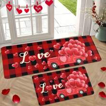 1/2 piezas Alfombra con tema del Día de San Valentín, alfombra de piso con patrón de camión rojo y globo con forma de corazón, alfombra de cocina a cuadros rojos y negros para cocina, sala de estar, dormitorio, decoración del hogar, decoración del Día de San Valentín, regalos del Día de San Valentín