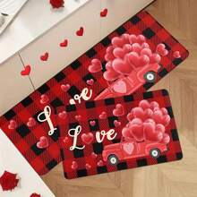 1/2 piezas Alfombra con tema del Día de San Valentín, alfombra de piso con patrón de camión rojo y globo con forma de corazón, alfombra de cocina a cuadros rojos y negros para cocina, sala de estar, dormitorio, decoración del hogar, decoración del Día de San Valentín, regalos del Día de San Valentín
