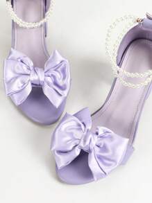 Giày cao gót đế vừa 6,6cm quai ngọc trai thanh lịch cho nữ, Sandal gót dày trang trí nơ lãng mạn, Sandal mũi vuông thời trang cho mùa hè - Màu tím - Xem 7