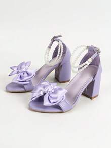 Giày cao gót đế vừa 6,6cm quai ngọc trai thanh lịch cho nữ, Sandal gót dày trang trí nơ lãng mạn, Sandal mũi vuông thời trang cho mùa hè - Màu tím - Xem 8