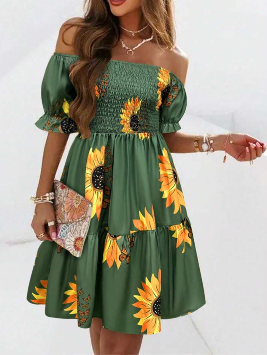 Women's Off Shoulder Sunflower Print Short Sleeve Summer Casual Dress - Green - View 1