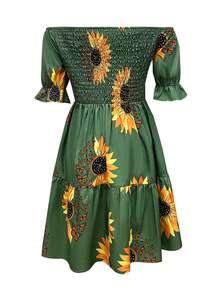 Women's Off Shoulder Sunflower Print Short Sleeve Summer Casual Dress - Green - View 3