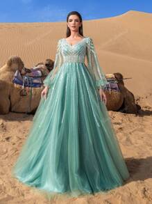 Luxury Neck Lantern Sleeve Tulle Formal Prom Evening Gown, Wedding Guest Dress, Party Dress