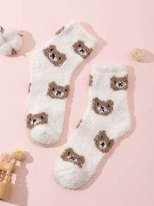 1 Pair Kids Cute Cartoon Bear Embroidered Warm Fleece Slipper Socks, Essential For Autumn/Winter