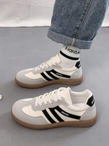 1 双女士户外运动休闲鞋，复古德式装饰，超细纤维皮革，字母设计，经典鞋款，2024 年新款轻便简约时尚舒适户外校园风格学生滑板鞋登山鞋 - 黑色 - 查看 3