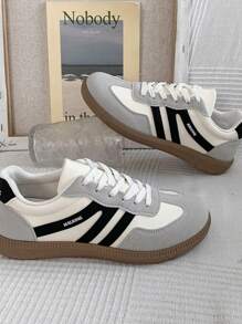 1 双女士户外运动休闲鞋，复古德式装饰，超细纤维皮革，字母设计，经典鞋款，2024 年新款轻便简约时尚舒适户外校园风格学生滑板鞋登山鞋 - 黑色 - 查看 6