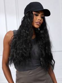 26 英寸帽子长卷发波浪发假发带棒球帽可调节黑色棒球帽带合成卷发初学者友好自然外观适合日常使用 - 黑色 - 查看 8