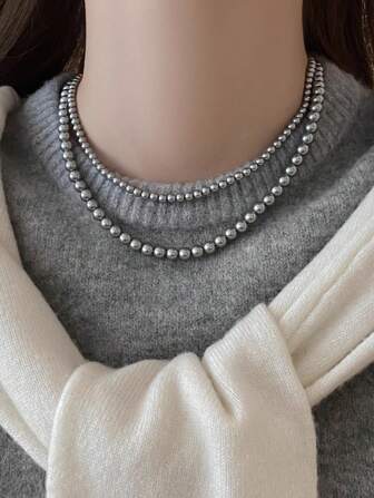 2pcs Fashionable Elegant Faux Pearl Layered Women's Necklace, Geometric Sweater Chain Big Small Pearl Necklaces Jewelry,40 Cm /15.7 Inch Necklace For Daily Wear